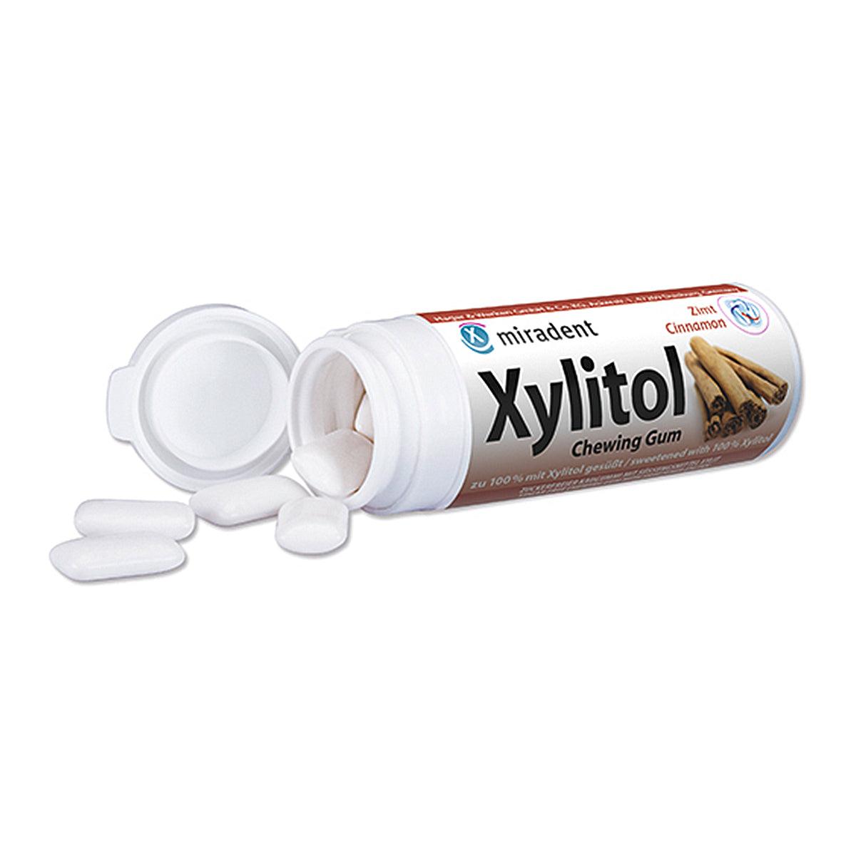 Miradent Xylitol Chewing Gum kaneel kokertje open met kauwgumpjes ernaast