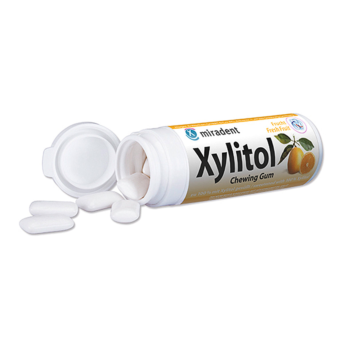 Miradent Xylitol kauwgom vruchten geopend kokertje met kauwgom ernaast