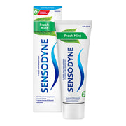 Sensodyne Freshmint tandpasta doos en tube met groene mintbladafbeelding