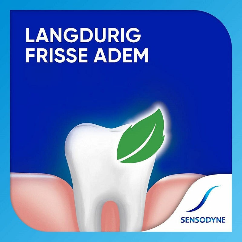 Sensodyne Freshmint illustratie van tand met blaadje en tekst langdurig frisse adem