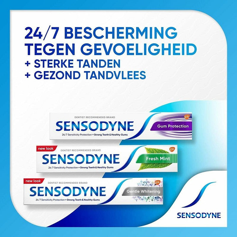 Sensodyne Freshmint tandpasta naast Gum Protection en Gentle Whitening verpakkingen