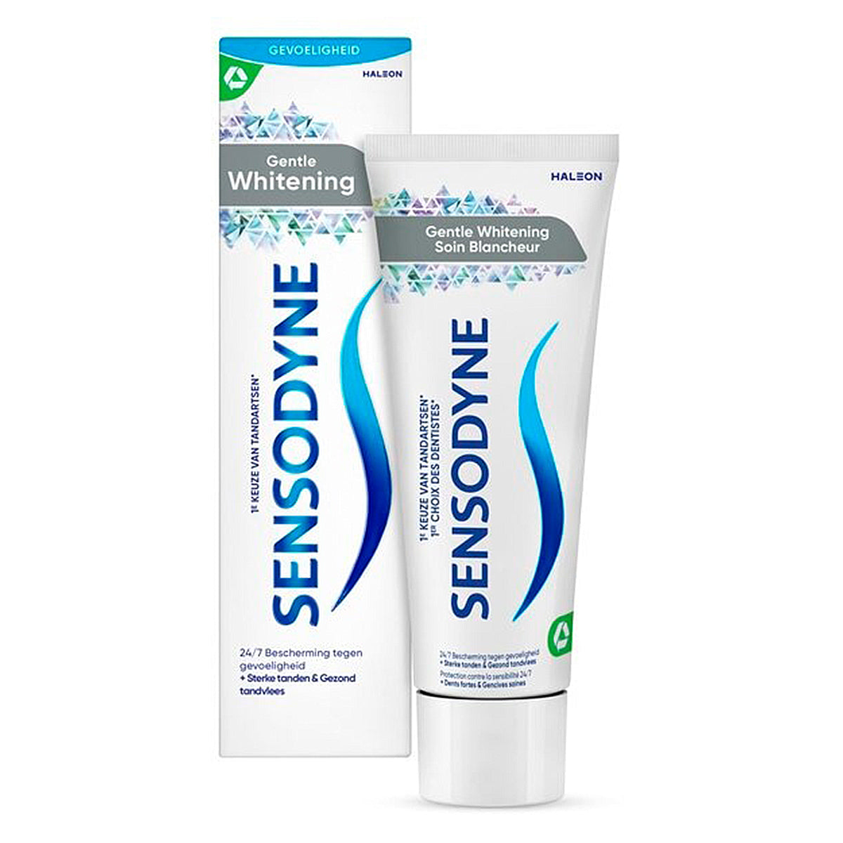 Sensodyne Gentle Whitening tandpasta doos en tube naast elkaar
