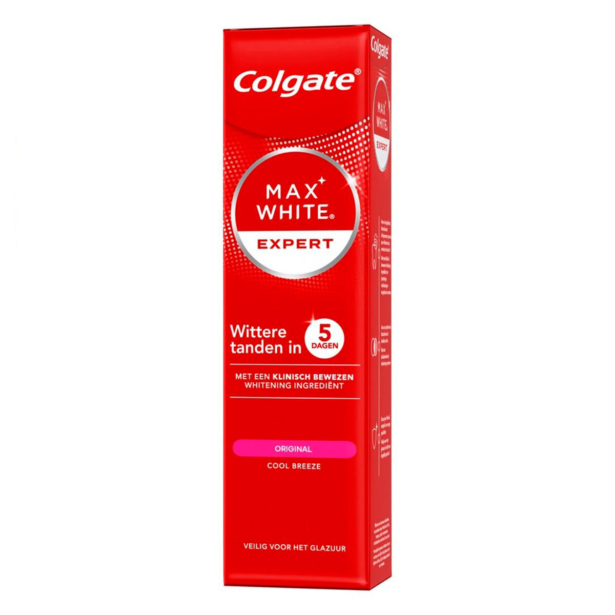Colgate Max White Expert tandpasta verpakking rood met wittere tanden in 5 dagen