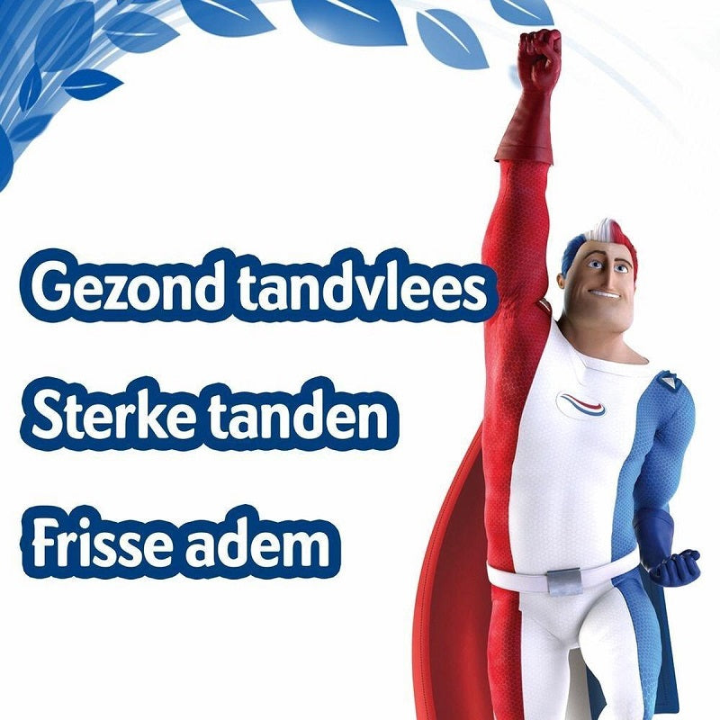 Aquafresh superheld met tekst gezond tandvlees, sterke tanden, frisse adem