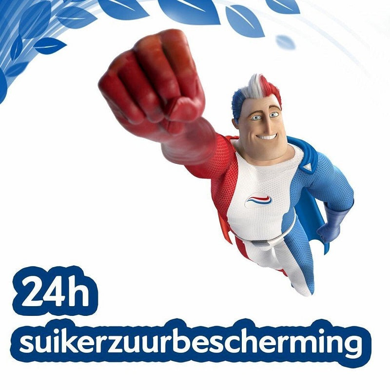 Aquafresh superheld met tekst 24h suikerzuurbescherming