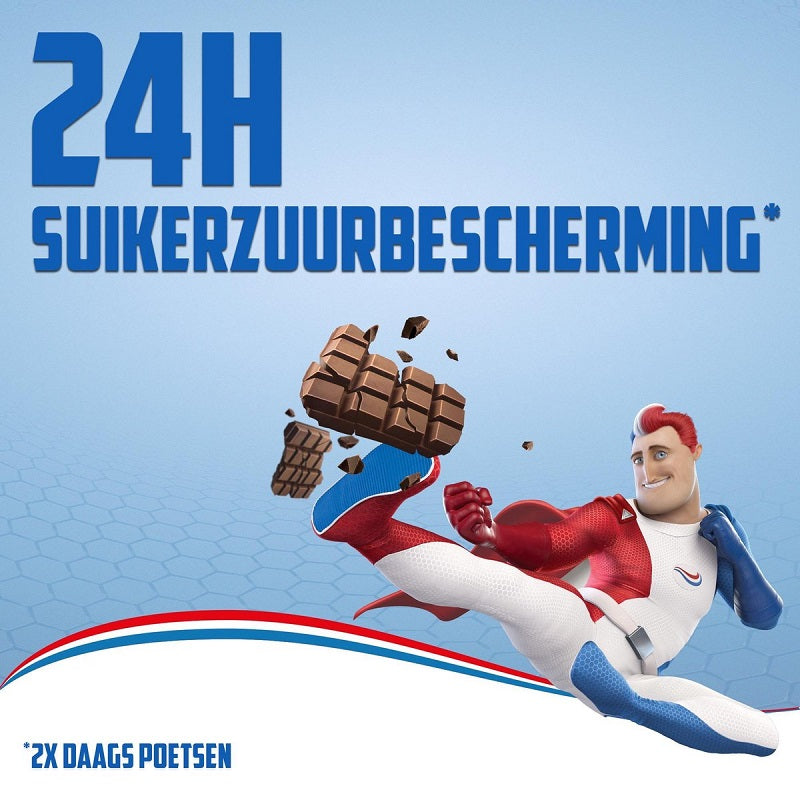 Aquafresh Tandpasta Tandsteen advertentie met superheld die chocoladereep wegschopt