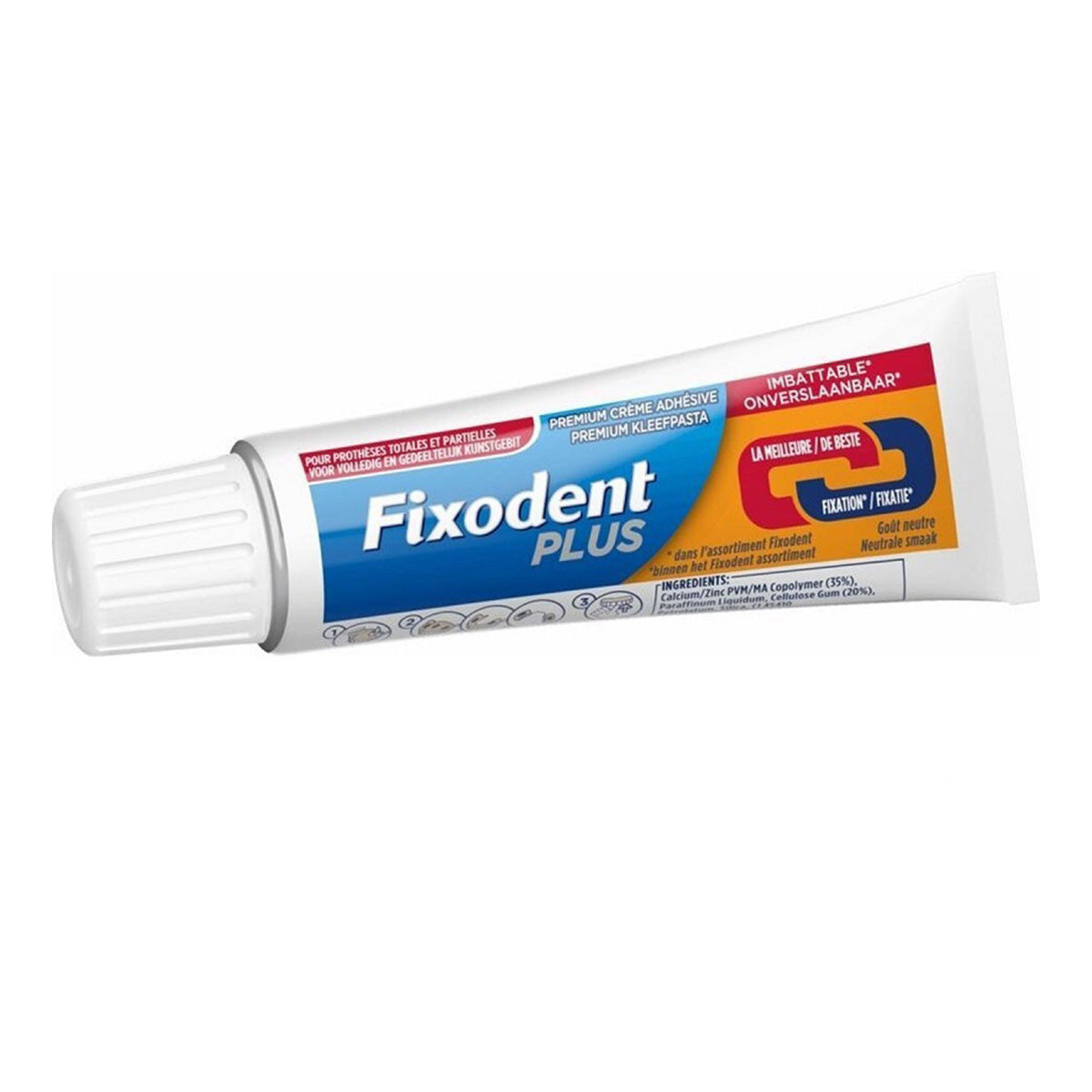 Fixodent kleefpasta plus Dual Power tube liggend met dop naar boven