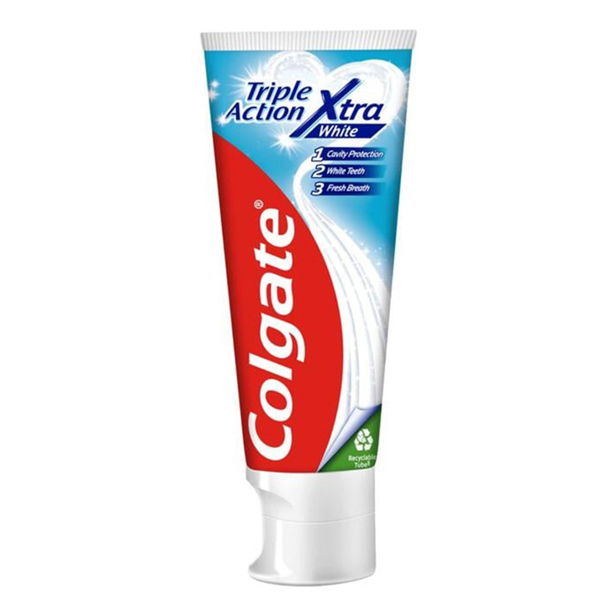 Colgate tandpasta Triple Action Whitening tube rood-blauw-wit verpakking rechtop