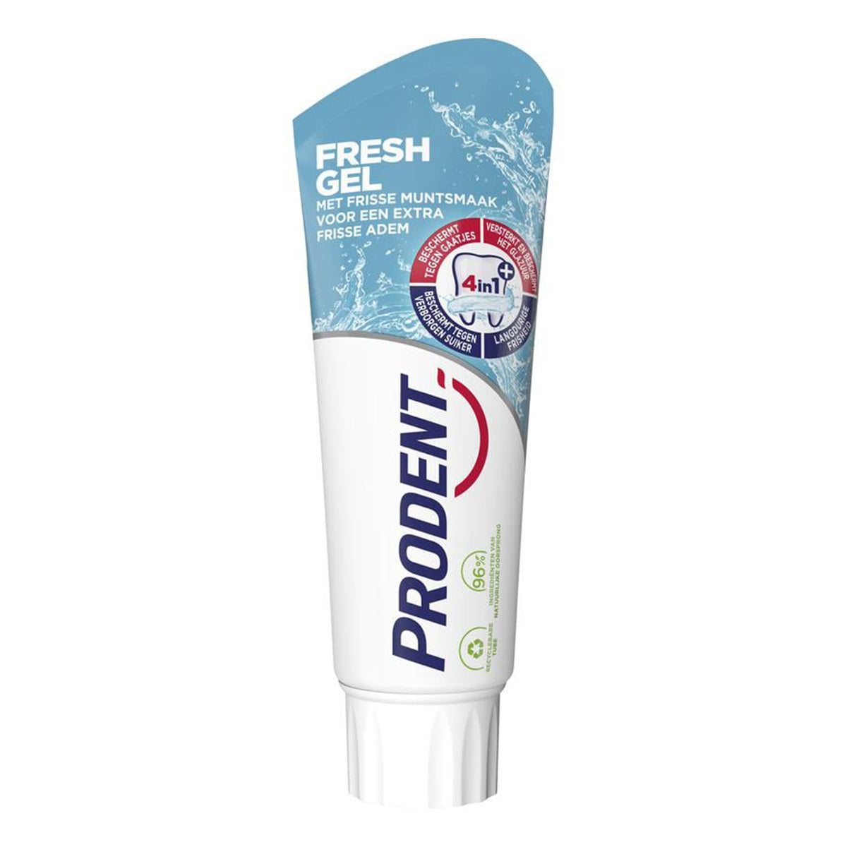 Prodent Tandpasta Freshgel tube met blauwe verpakking en 4in1 logo