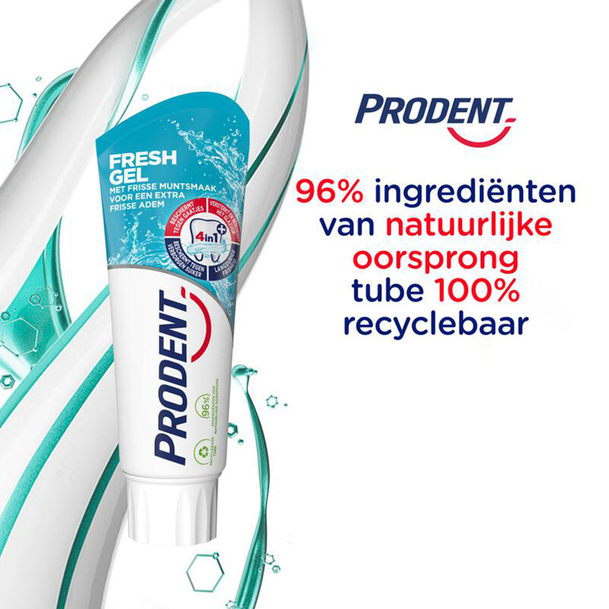 Prodent Tandpasta Freshgel tube met tekst 96% ingrediënten natuurlijke oorsprong, tube 100% recyclebaar