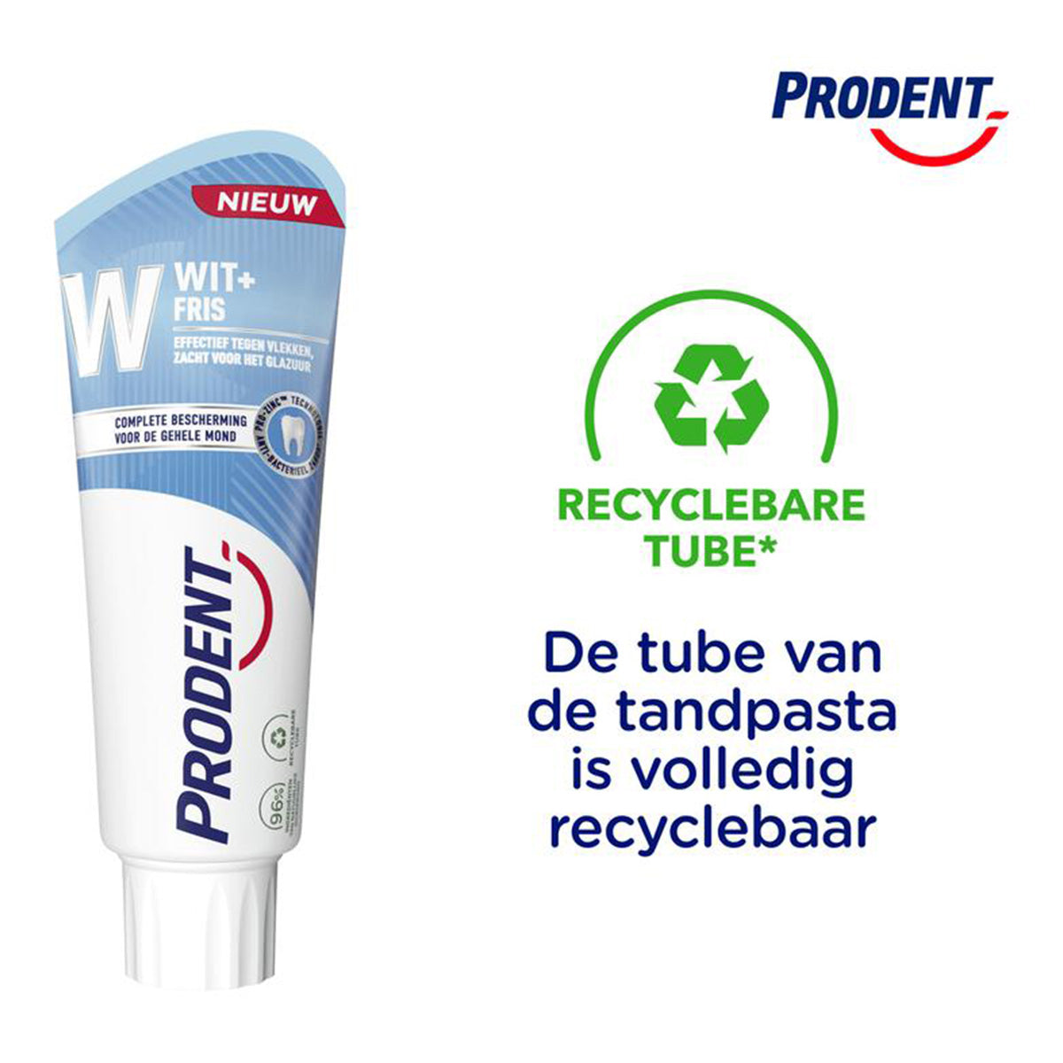 Prodent Tandpasta WIT+FRIS tube naast tekst over volledig recyclebare tube