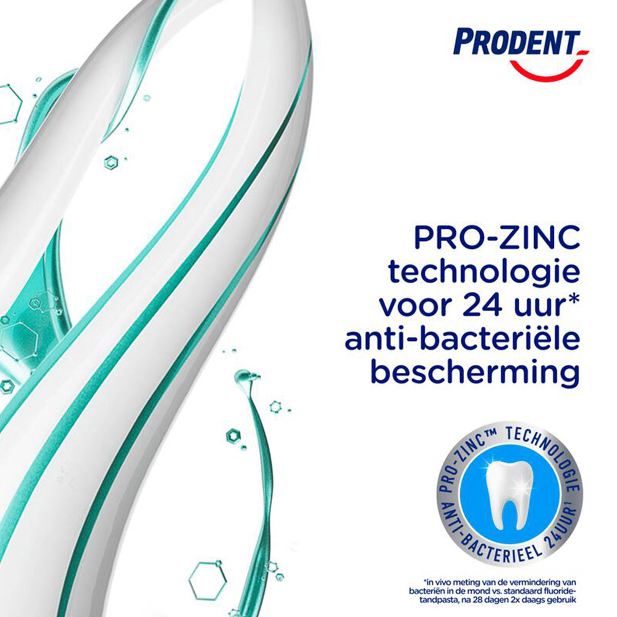 Prodent Tandpasta close-up met tekst Pro-Zinc technologie voor 24 uur bescherming