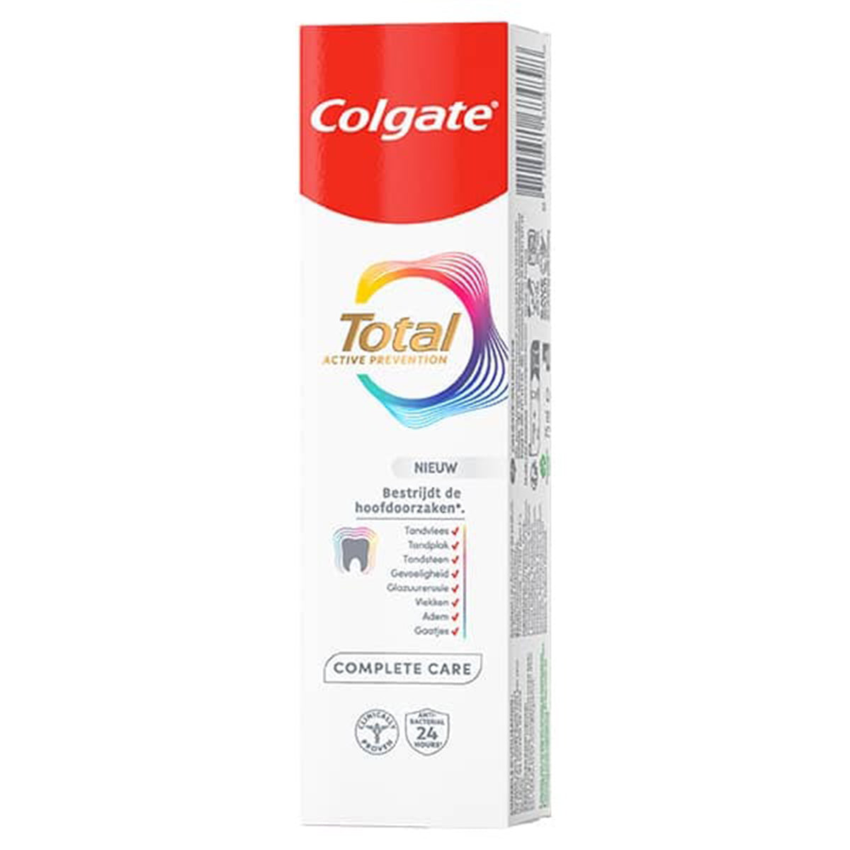 Colgate Total Active Prevention Complete Care verpakking zijaanzicht met productinformatie