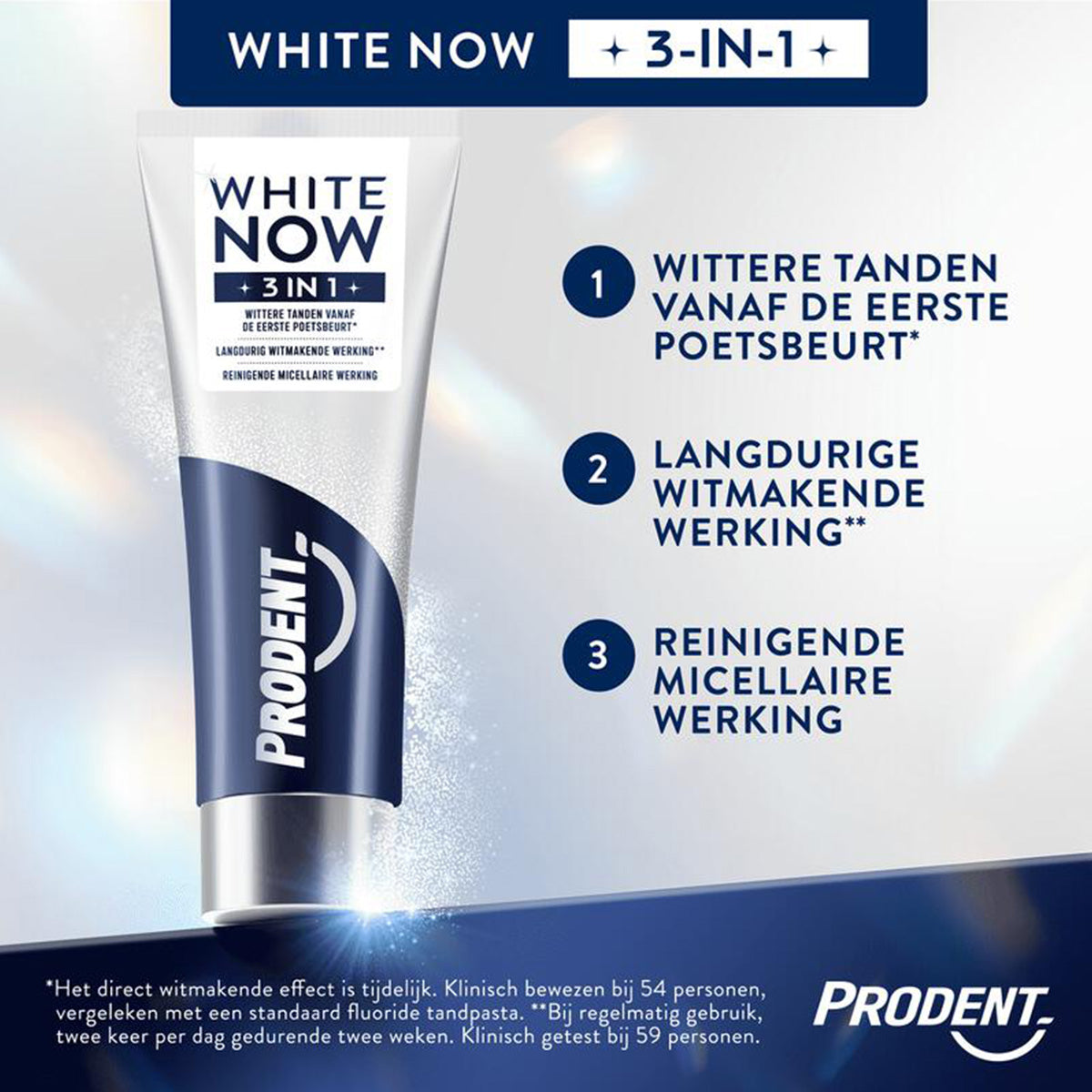 Prodent Tandpasta White Now 3-in-1 tube met uitleg werking en voordelen