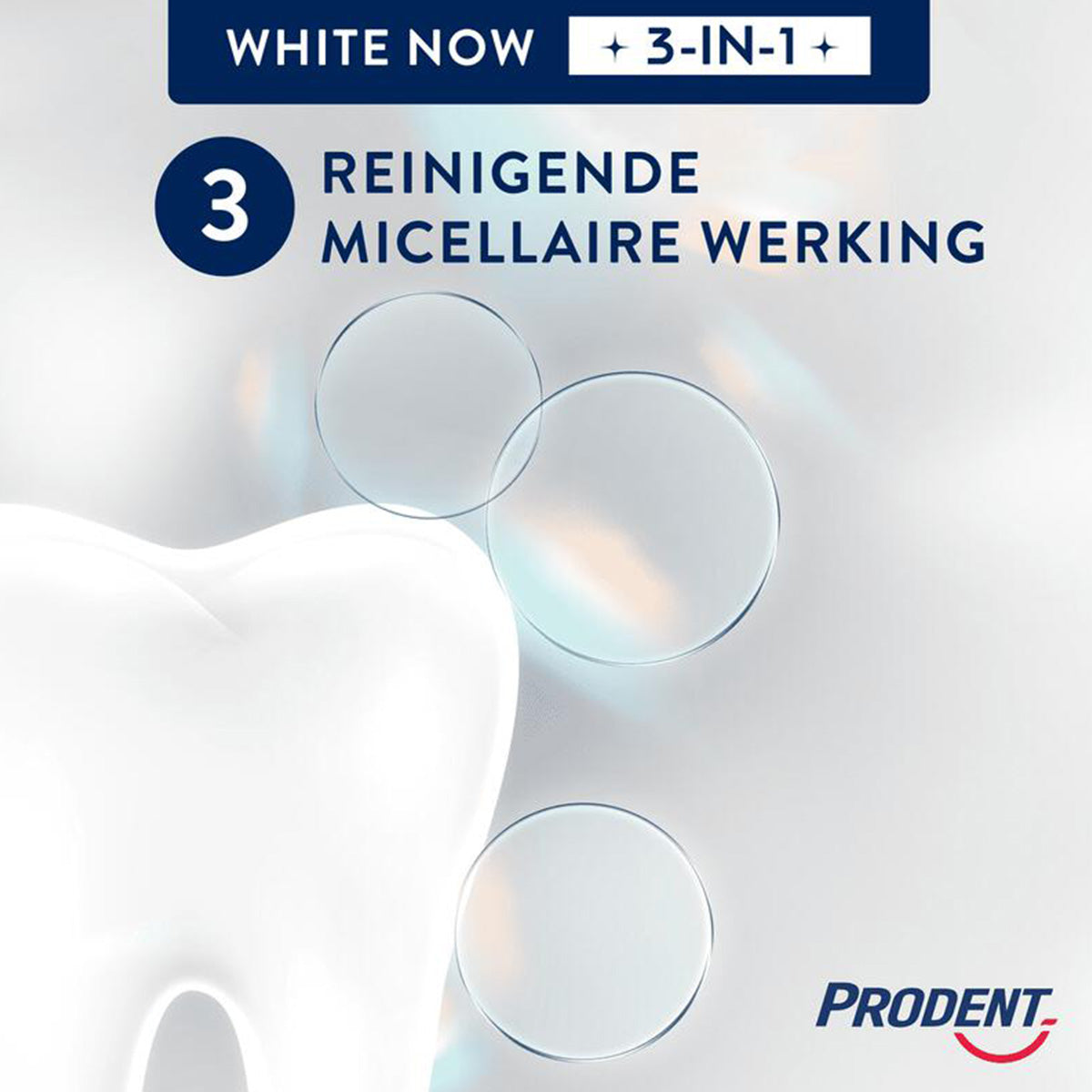 Prodent Tandpasta White Now 3-in-1 uitleg reinigende micellaire werking met tandillustratie