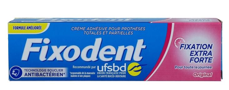 Fixodent kleefpasta Original extra forte verpakking met Franse tekst en logo