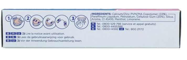 Fixodent Original extra forte kleefpasta verpakking met ingrediëntenlijst en gebruiksaanwijzing