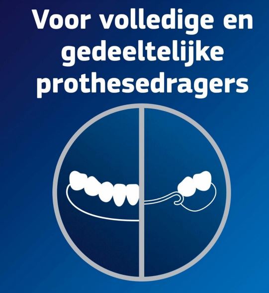 Fixodent tekst "Voor volledige en gedeeltelijke prothesedragers" met pictogrammen