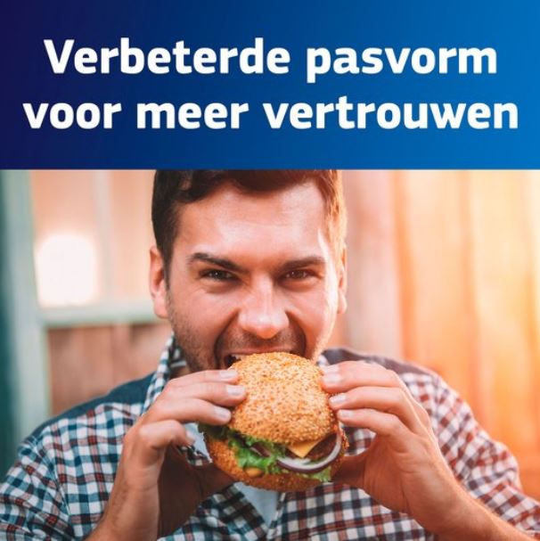Fixodent kleefpasta tekst verbeterde pasvorm voor meer vertrouwen, man eet hamburger
