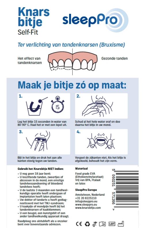 SleepPro Knarsbitje Self-Fit verpakking met gebruiksaanwijzing en instructies in vier stappen