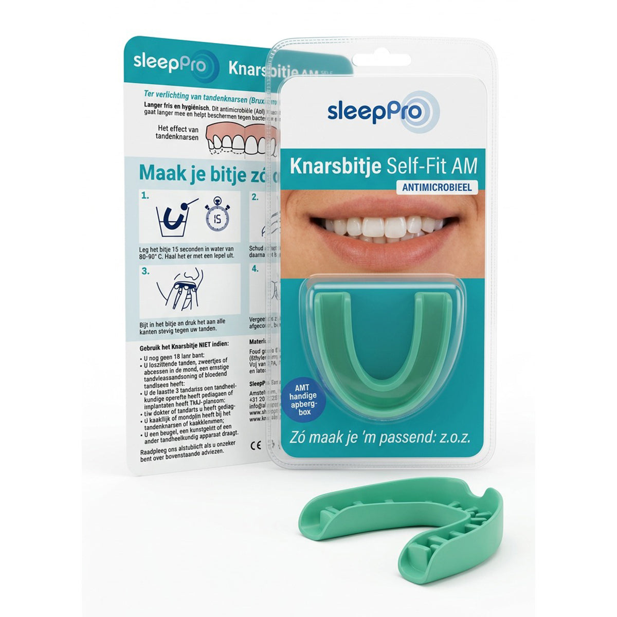 SleepPro Knarsbitje Self-Fit Anti-microbieel AM groen bitje met verpakking