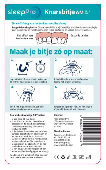 SleepPro Knarsbitje Self-Fit AM verpakking met instructies voor op maat maken