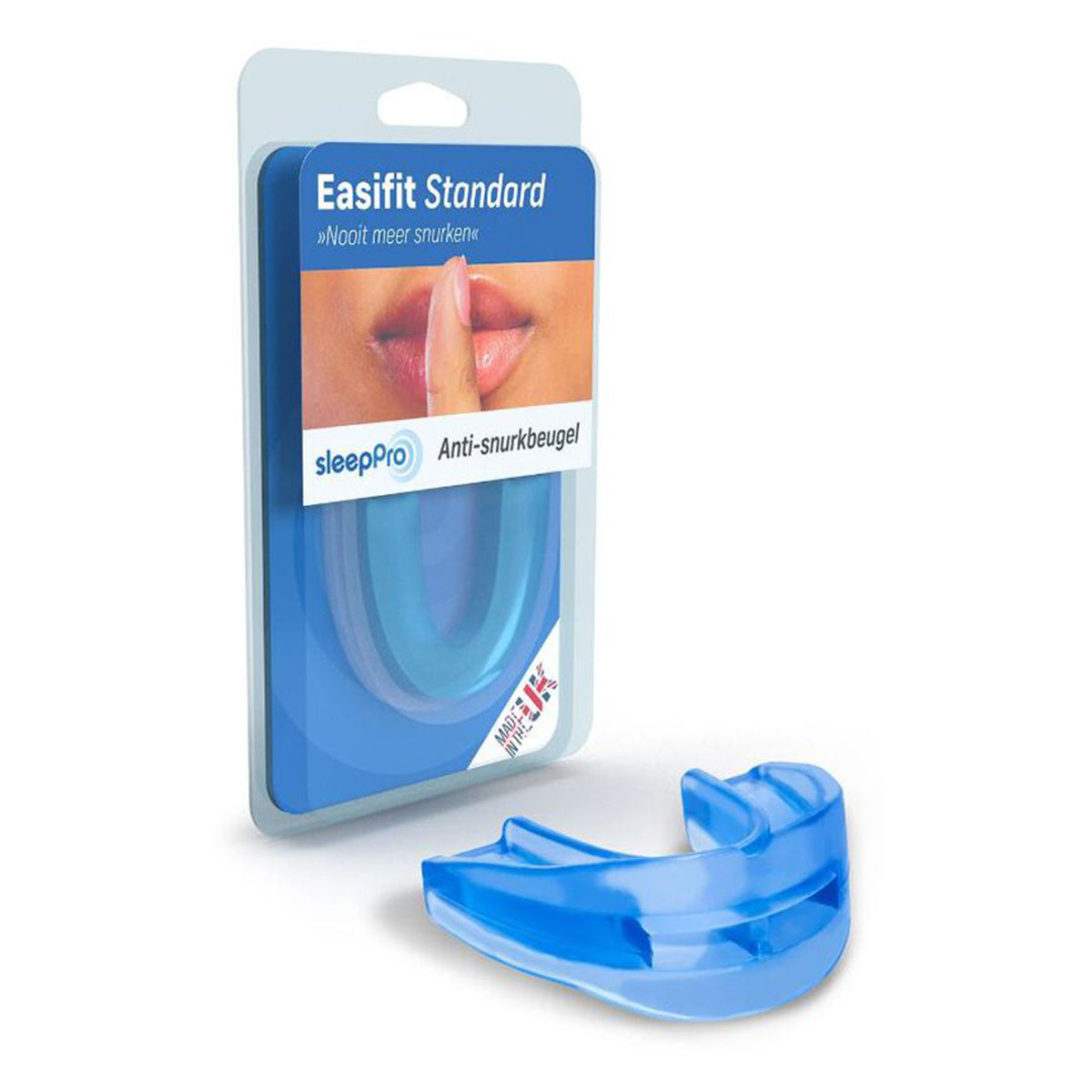 SleepPro Easifit Standard anti-snurkbeugel blauw met verpakking ernaast