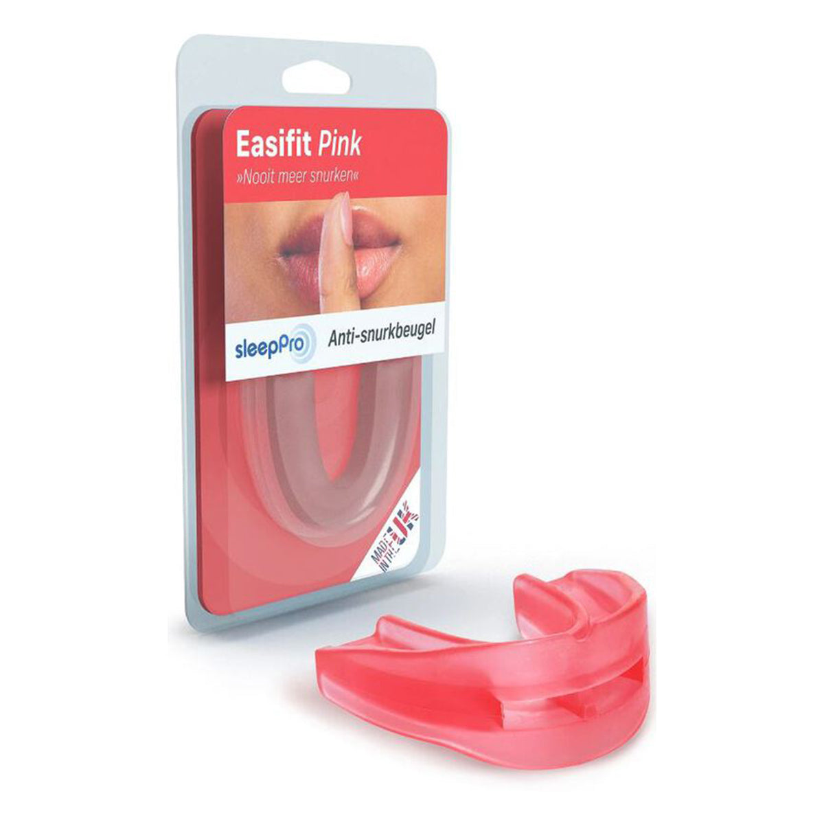 SleepPro Easifit Pink anti-snurkbeugel met verpakking, tekst Nooit meer snurken