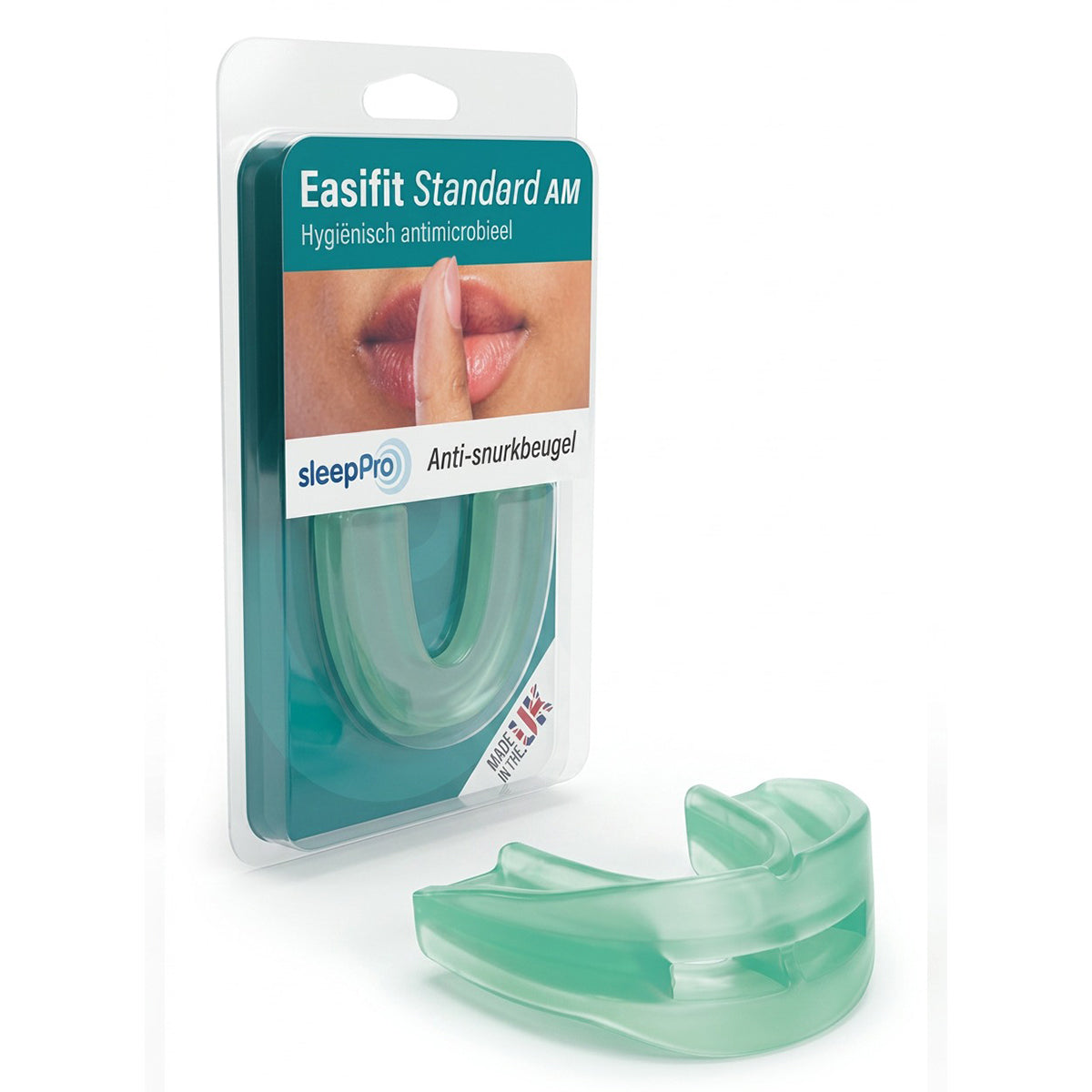 SleepPro Easifit Standard Snurkbeugel AM in verpakking met groene beugel ernaast