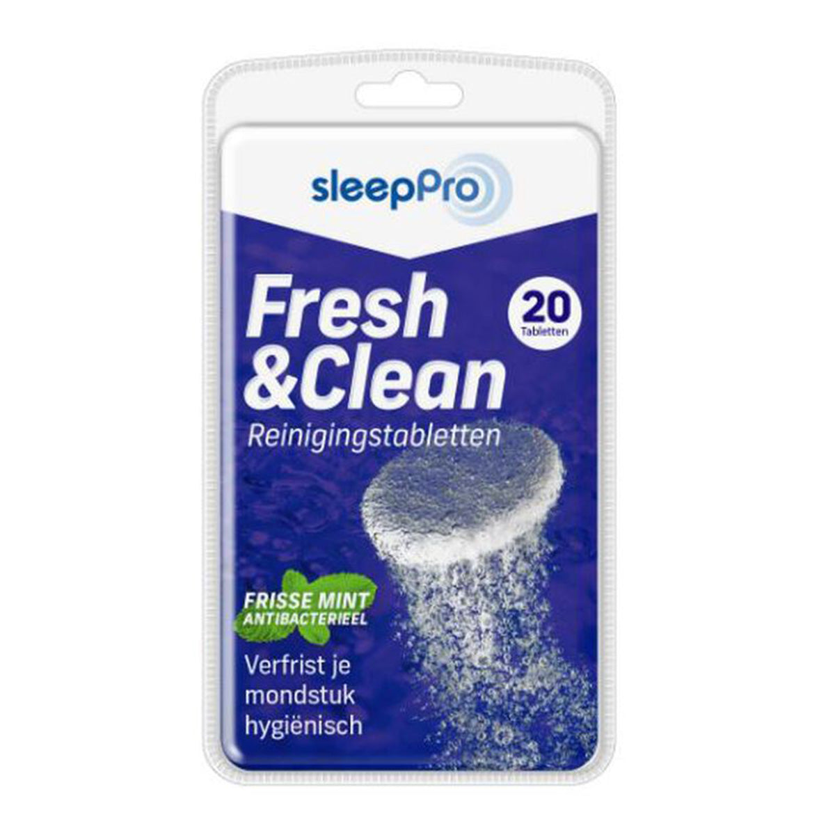 SleepPro Fresh & Clean reinigingstabletten verpakking met 20 tabletten frisse mint