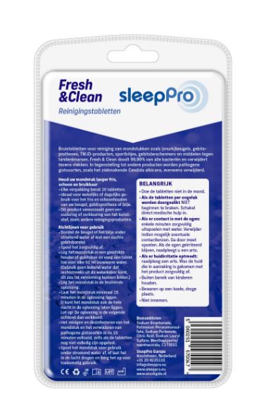 SleepPro Fresh & Clean reinigingstabletten achterkant verpakking met gebruiksaanwijzing