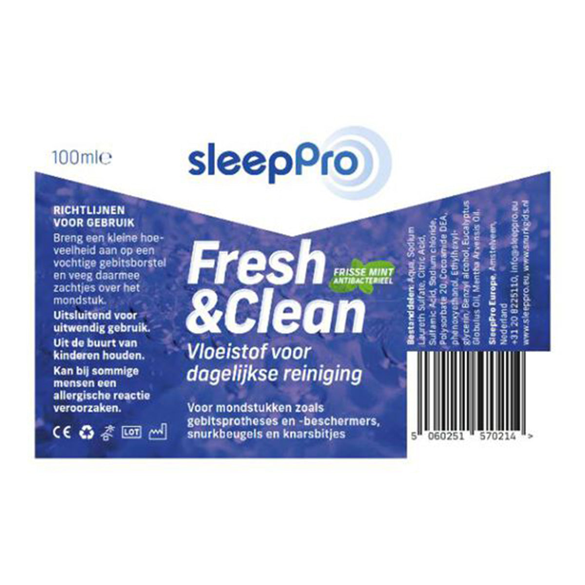 SleepPro Fresh & Clean etiket met gebruiksaanwijzing en ingrediëntenlijst