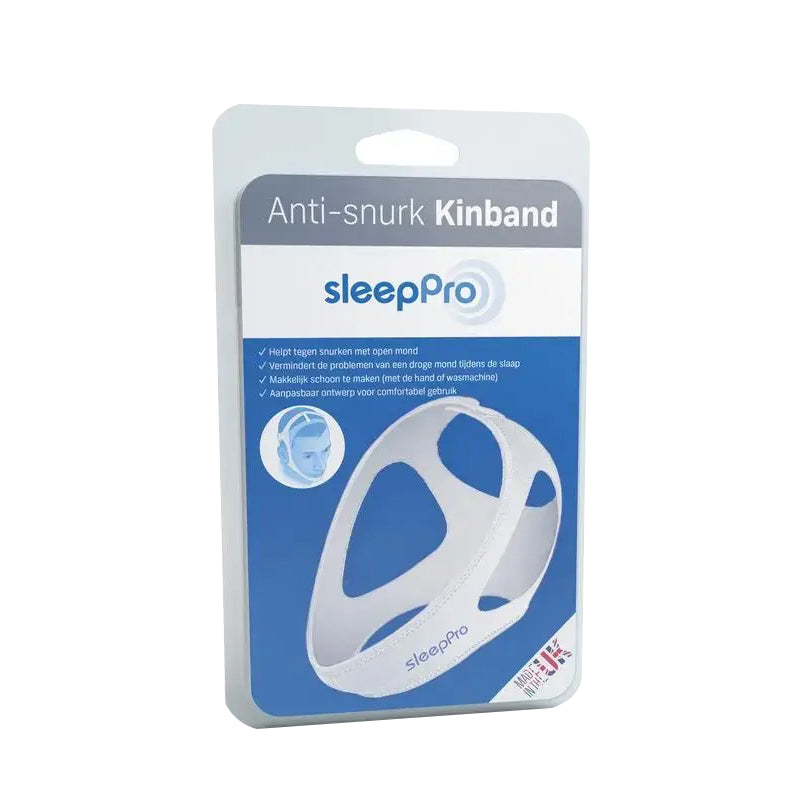 SleepPro Chin Strap Anti-Snurk Kinband verpakking met witte band tegen snurken