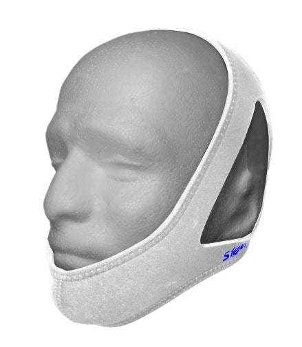 SleepPro Chin Strap anti-snurk kinband gedragen op mannequinhoofd, zijaanzicht