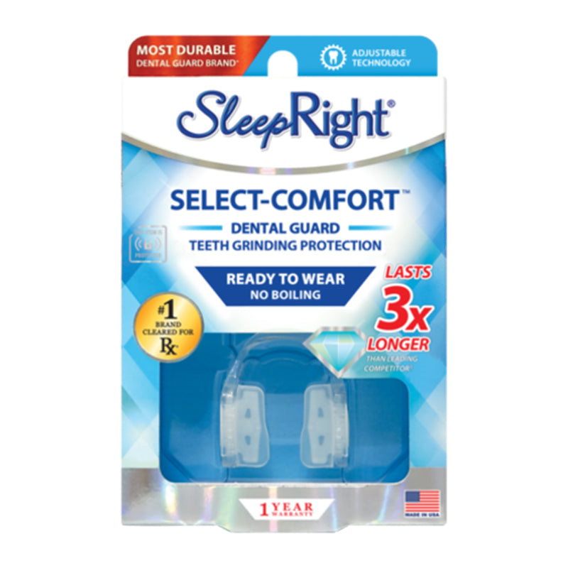 SleepRight Select-Comfort knarsbitje in verpakking met twee mondbeschermers