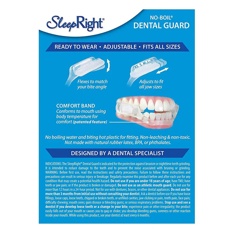 SleepRight Select-Comfort knarsbitje verpakking achterzijde met productinformatie en gebruiksinstructies