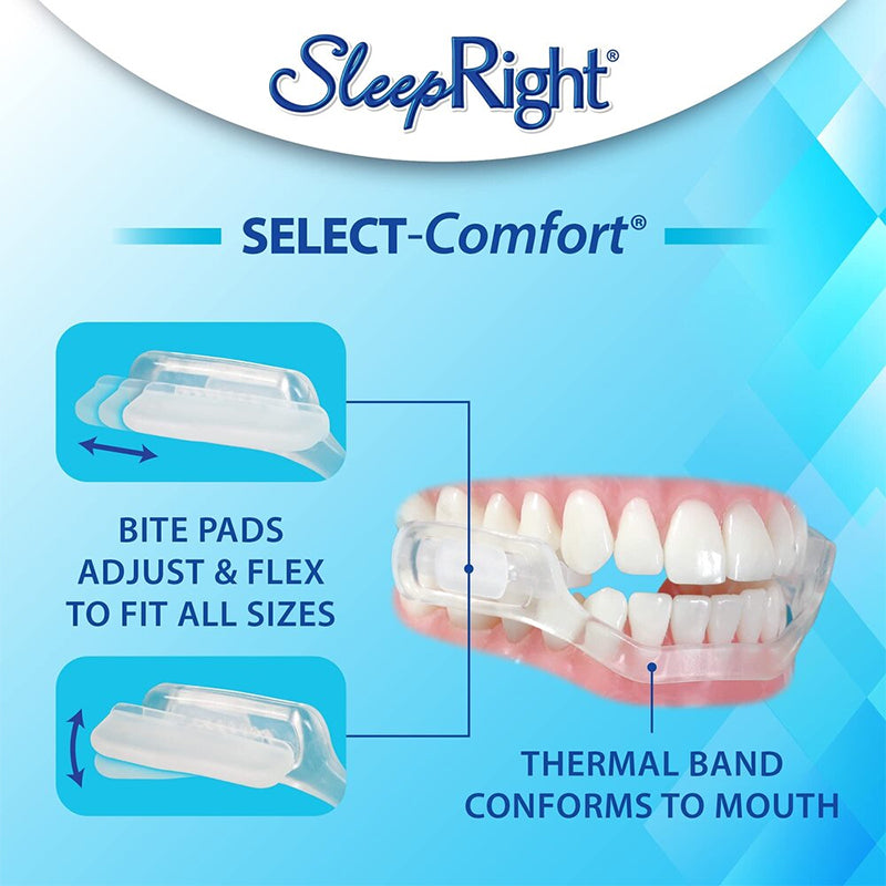 SleepRight Select-Comfort knarsbitje met uitleg over flexibele bite pads en thermische band