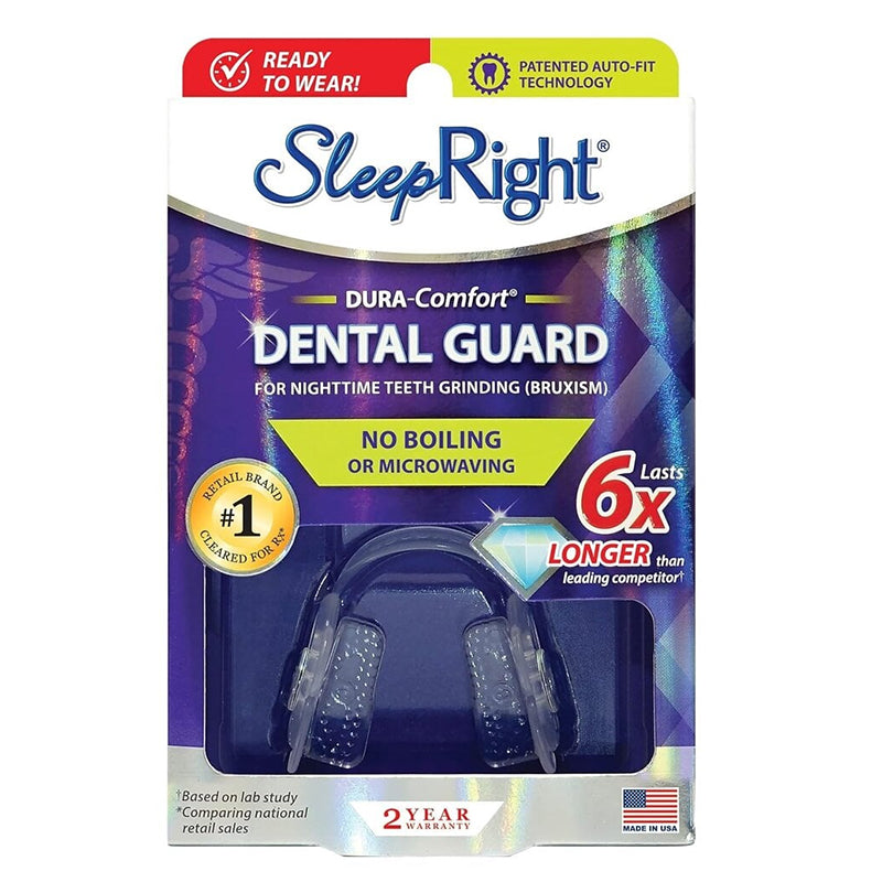 SleepRight Dura-Comfort knarsbitje verpakking met blauw mondstuk tegen tandenknarsen