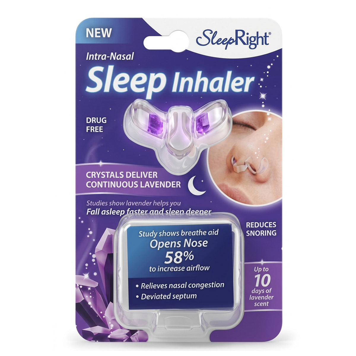 SleepRight Intra Nasal Sleep Inhaler met lavendel neusclip in paarse verpakking
