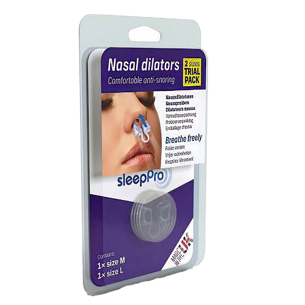 SleepPro Neusspreider/neusdilatator trialpack M/L verpakking met gebruiksafbeelding in neus