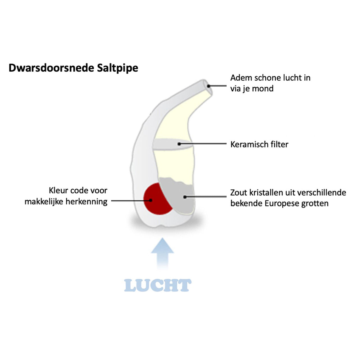 SleepPro SaltPipe Mini dwarsdoorsnede met keramisch filter en zoutkristallen uitgelegd
