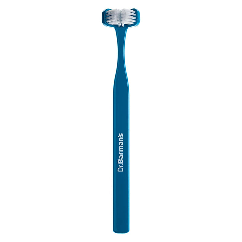 Dr. Barman's Tandenborstel Kids blauw met dubbelzijdige borstelkop in close-up