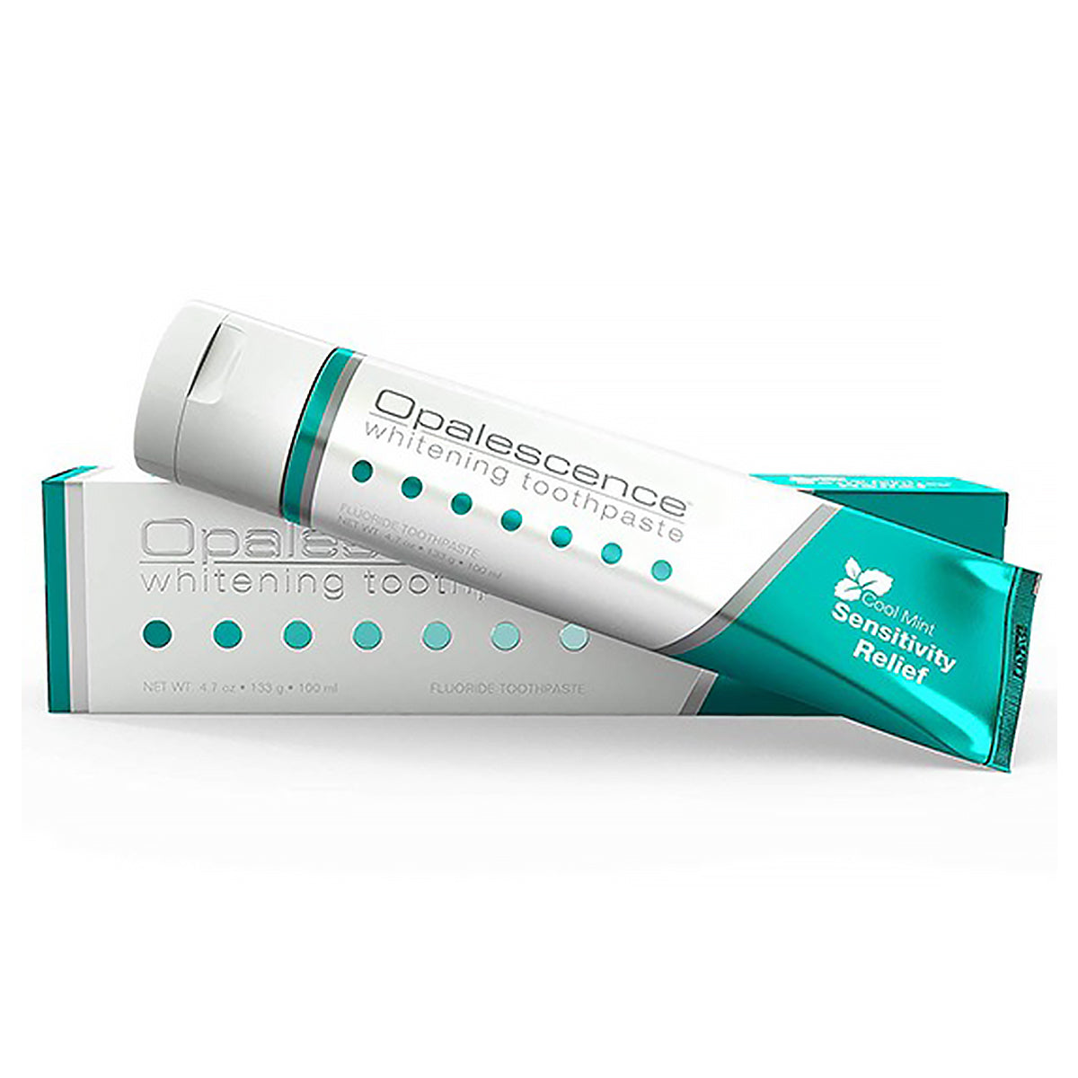 Opalescence Sensitivity whitening tandpasta tube liggend naast verpakkingsdoos