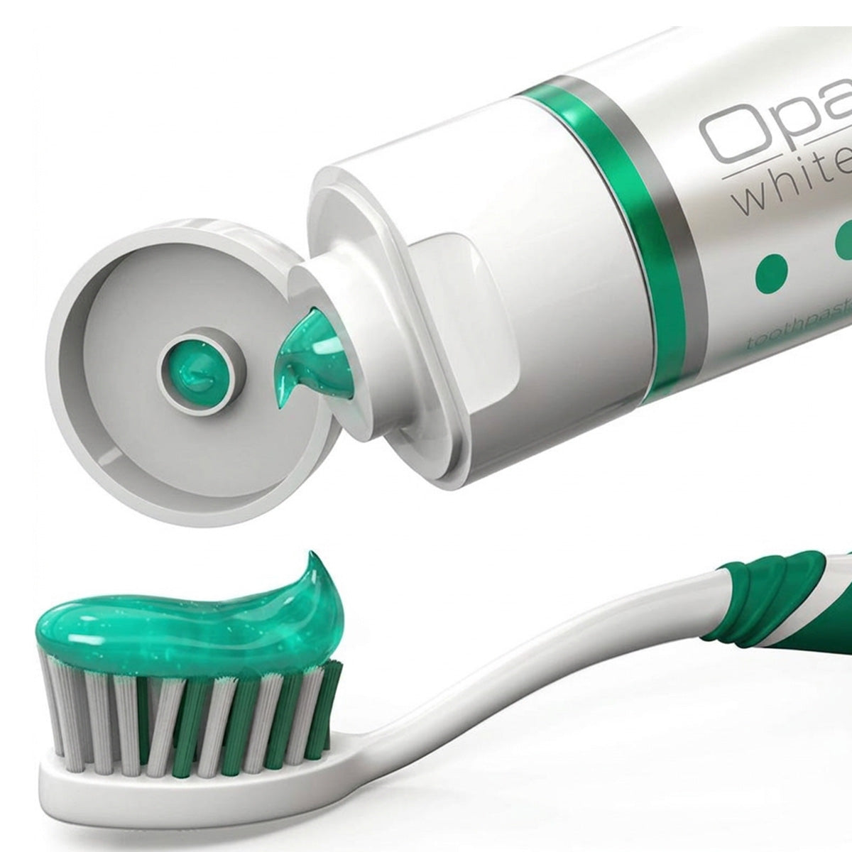 Opalescence Whitening tandpasta Cool Mint uitgeknepen op tandenborstel met open tube