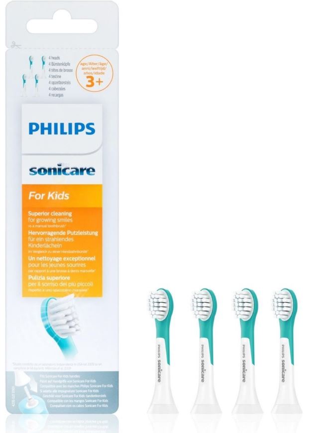 Sonicare For Kids opzetborstels groen naast verpakking, vier stuks los zichtbaar
