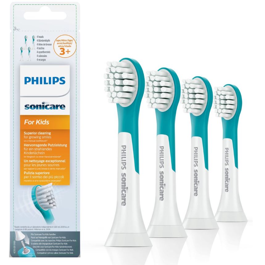 Sonicare For Kids opzetborstels groen verpakking naast vier losse opzetborstels