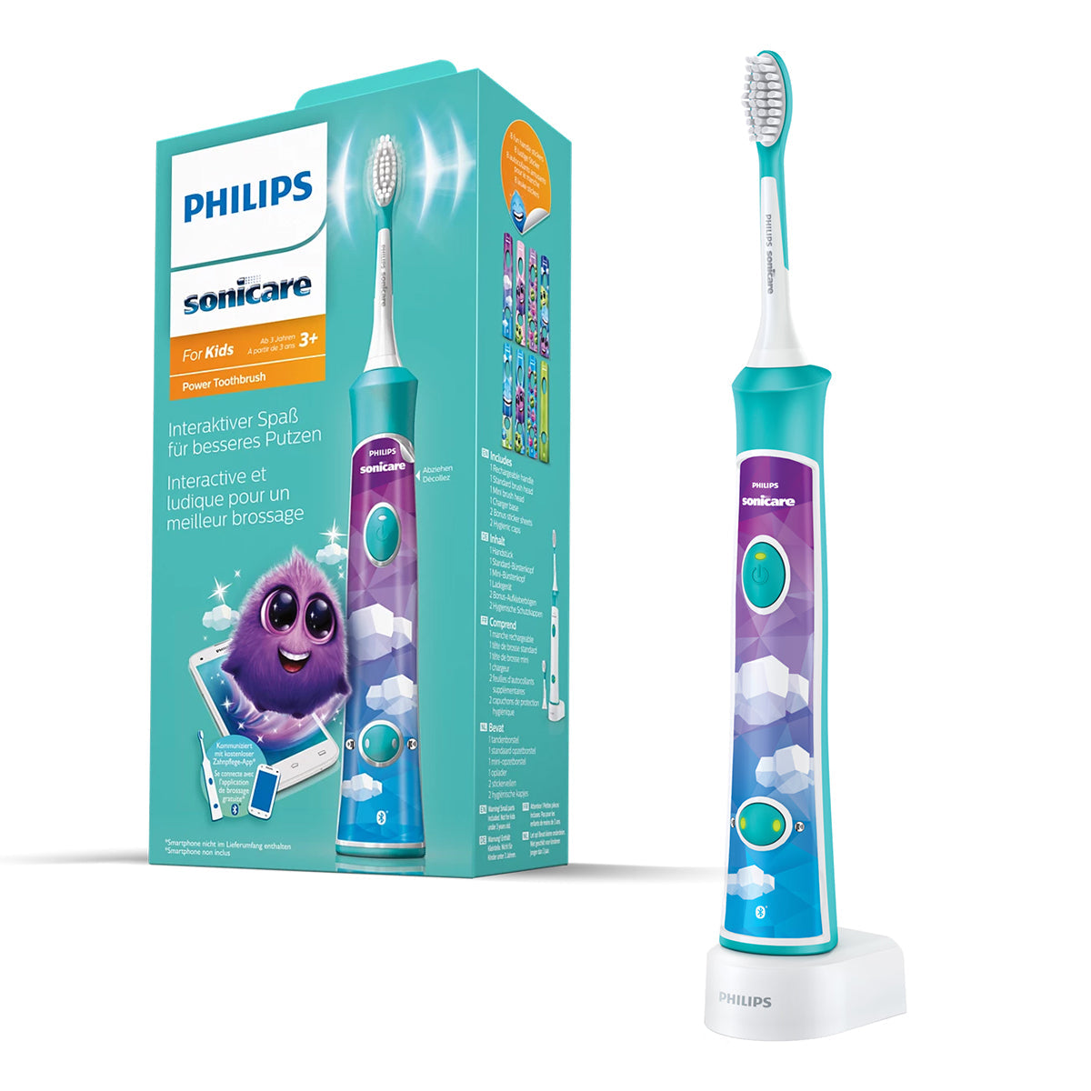 Sonicare Kids HX6322/04 elektrische tandenborstel blauw naast verpakking met paars figuurtje