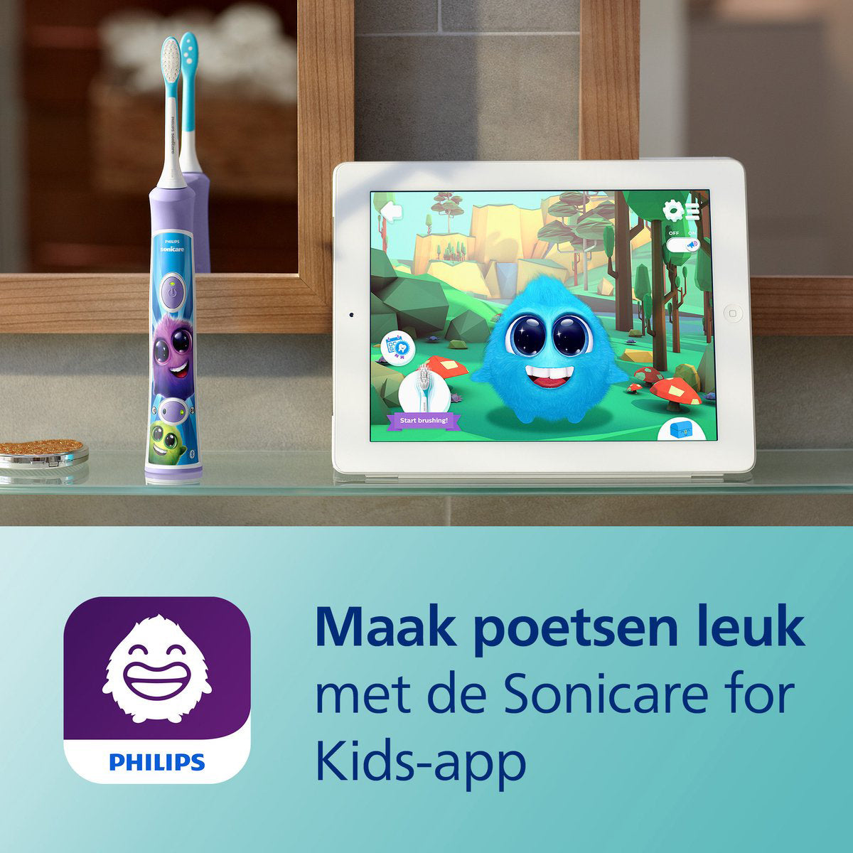 Sonicare Kids tandenborstel naast tablet met Sonicare for Kids-app open
