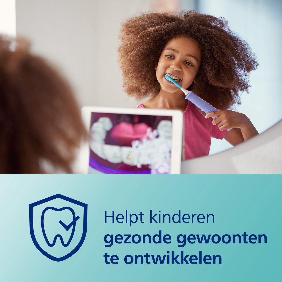 Sonicare Kids meisje poetst tanden, tekst helpt gezonde gewoonten ontwikkelen