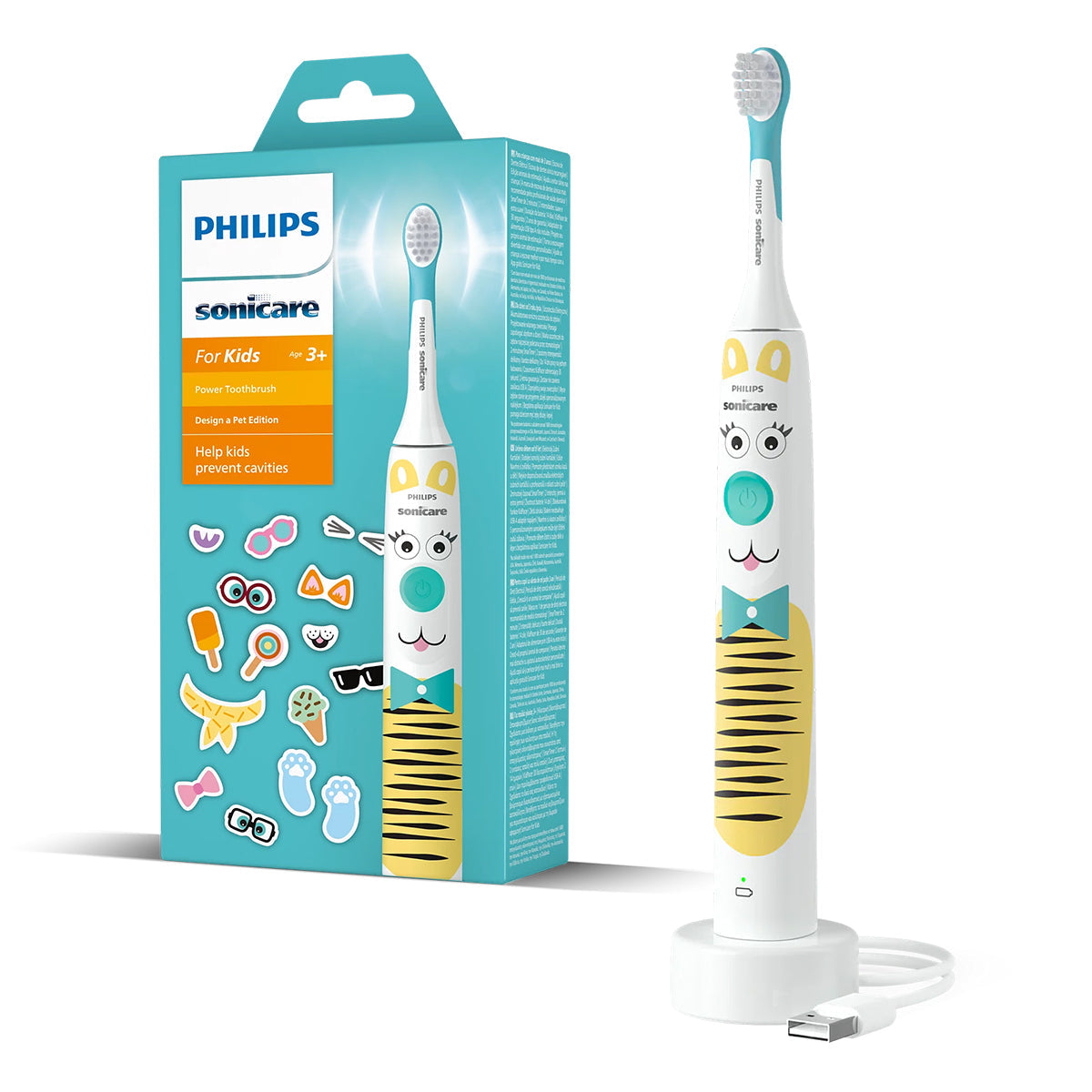 Sonicare For Kids elektrische tandenborstel met verpakking en oplaadstation met usb-kabel